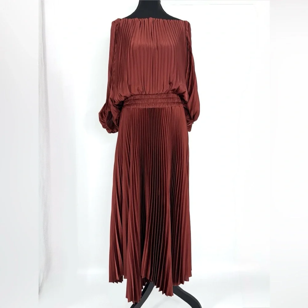 A.L.C. Sienna Satin Pleated‎ Off Shoulder Midi Dress, Red Rock, Size 8, NWOT